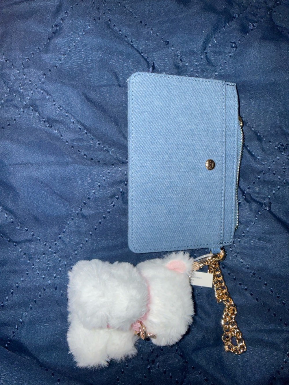 Juicy Couture Blue Denim Wallet with Pink Script Logo and White Plush Charm - Picture 4 of 6